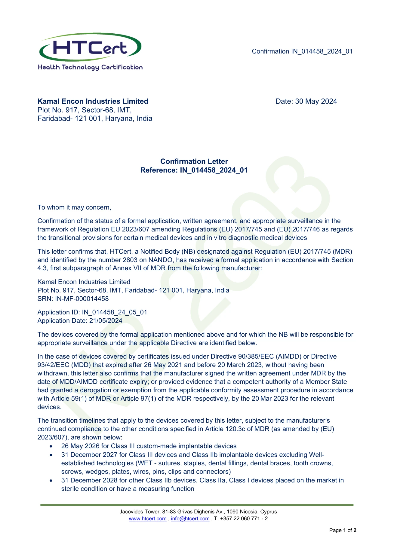 MDD CE Certification certificate preview