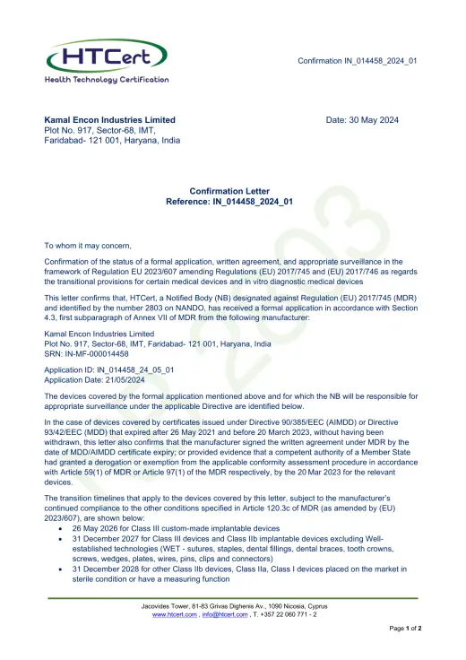 MDD CE Certification certificate preview