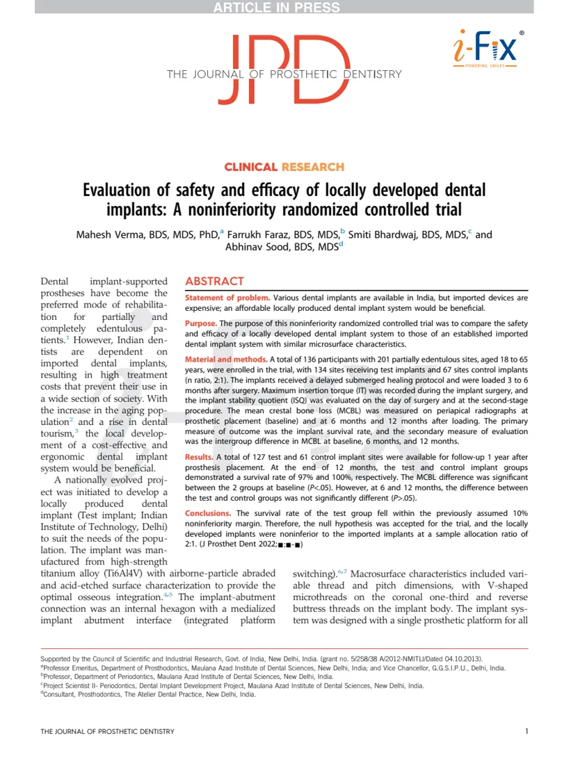 Evaluation of safety and efficacy of locally developed dental implants: a non-inferiority randomised controlled trial — page preview