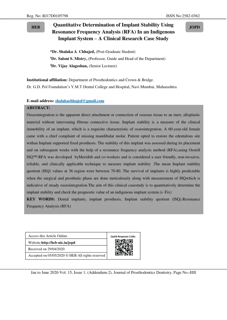 Quantitative determination of implant stability using resonance frequency analysis in an indigenous implant system — page preview