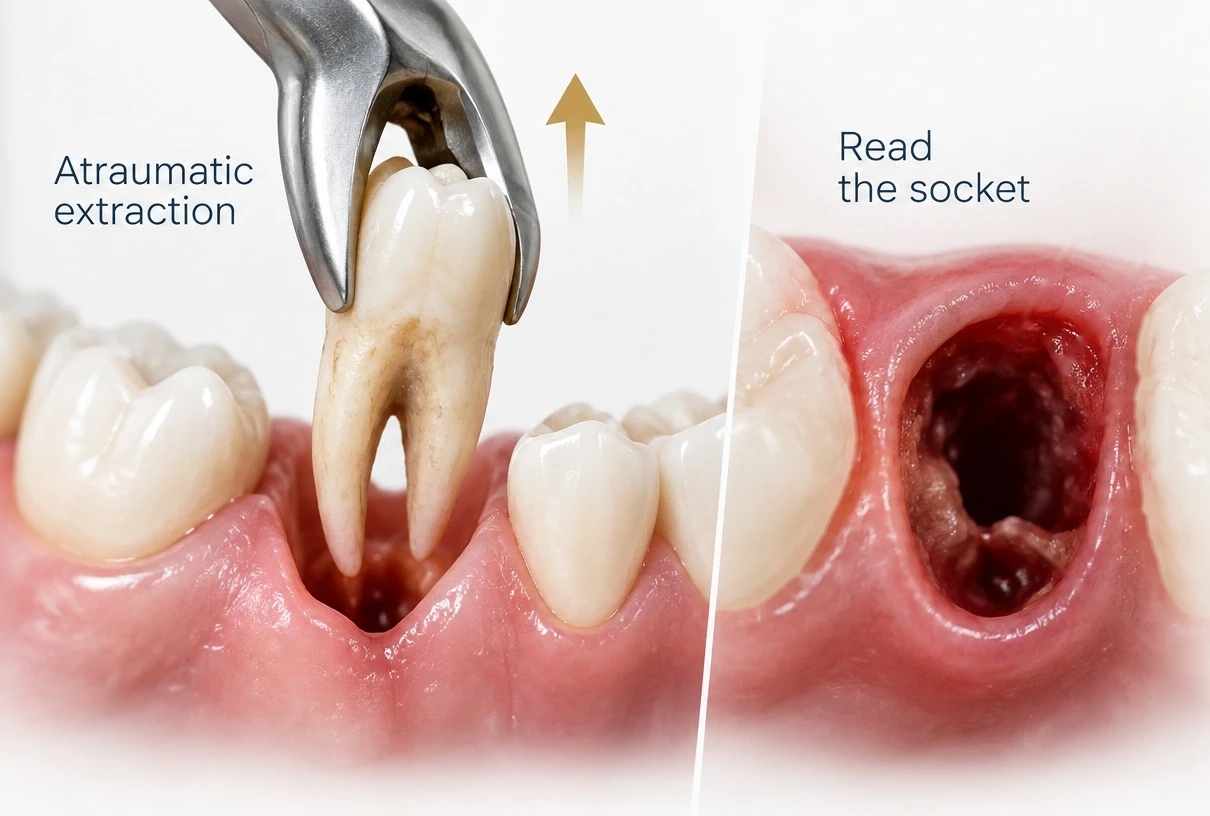 Atraumatic extraction with the socket walls preserved, followed by a fresh extraction socket with an intact buccal plate