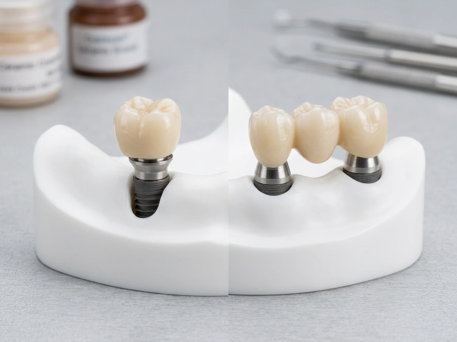 A single implant crown on an engaging, hexed abutment beside a splinted implant bridge on a non-engaging abutment, with the hex visible