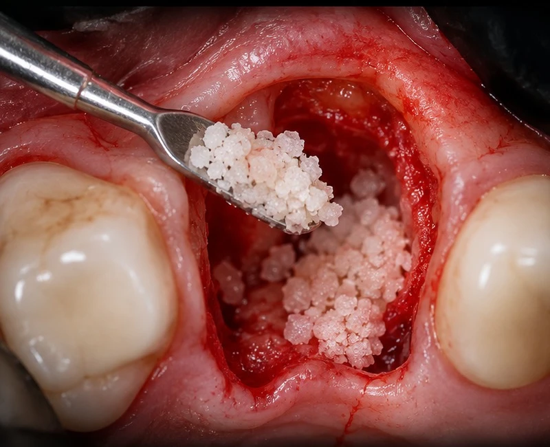 Particulate bone graft material being packed with an instrument into an extraction socket with a buccal wall defect