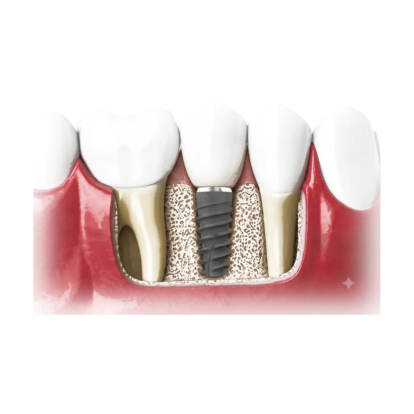 Cross-section of an implant-supported crown in place among the natural teeth