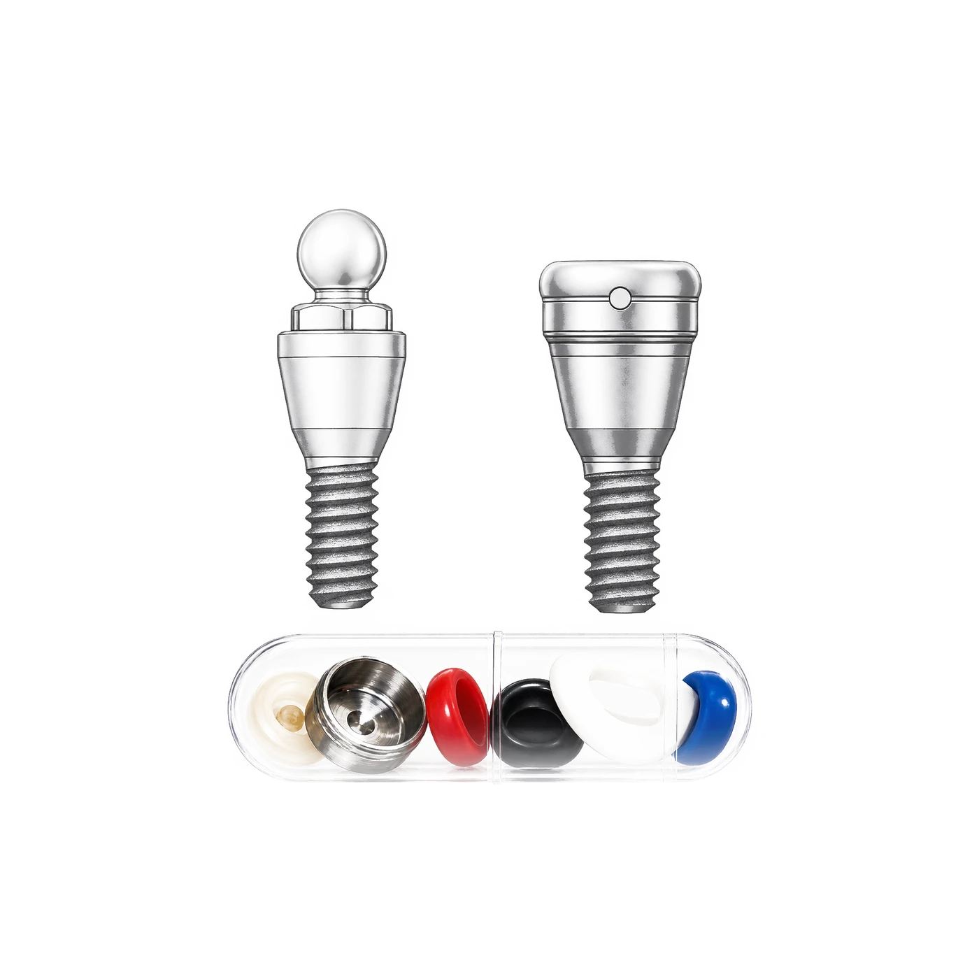 A ball abutment beside a locator abutment, with their colour-coded housing inserts