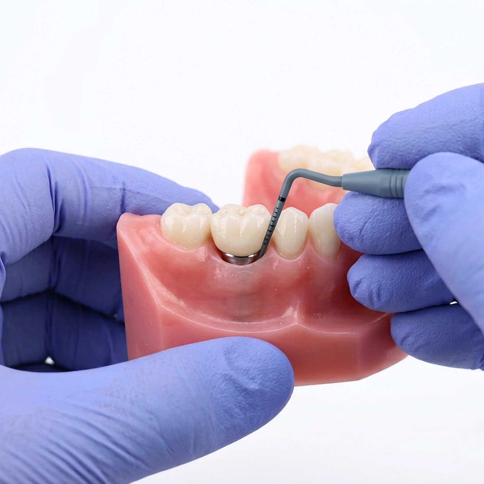 A clinician examining an implant restoration with a periodontal probe, assessing the peri-implant tissue