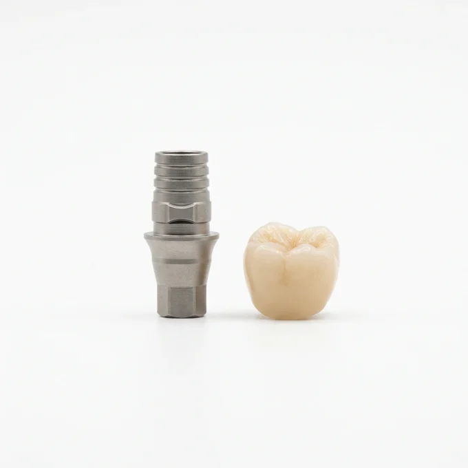 A scan body fitted to an implant analog beside the finished restoration