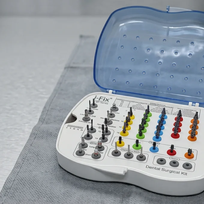 An i-Fix surgical kit tray with the drill sequence laid out in order