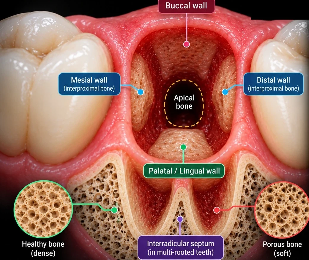 A fresh extraction socket labelled to show the buccal wall, mesial and distal interproximal walls, the palatal/lingual wall and apical bone, with healthy dense bone compared against porous bone