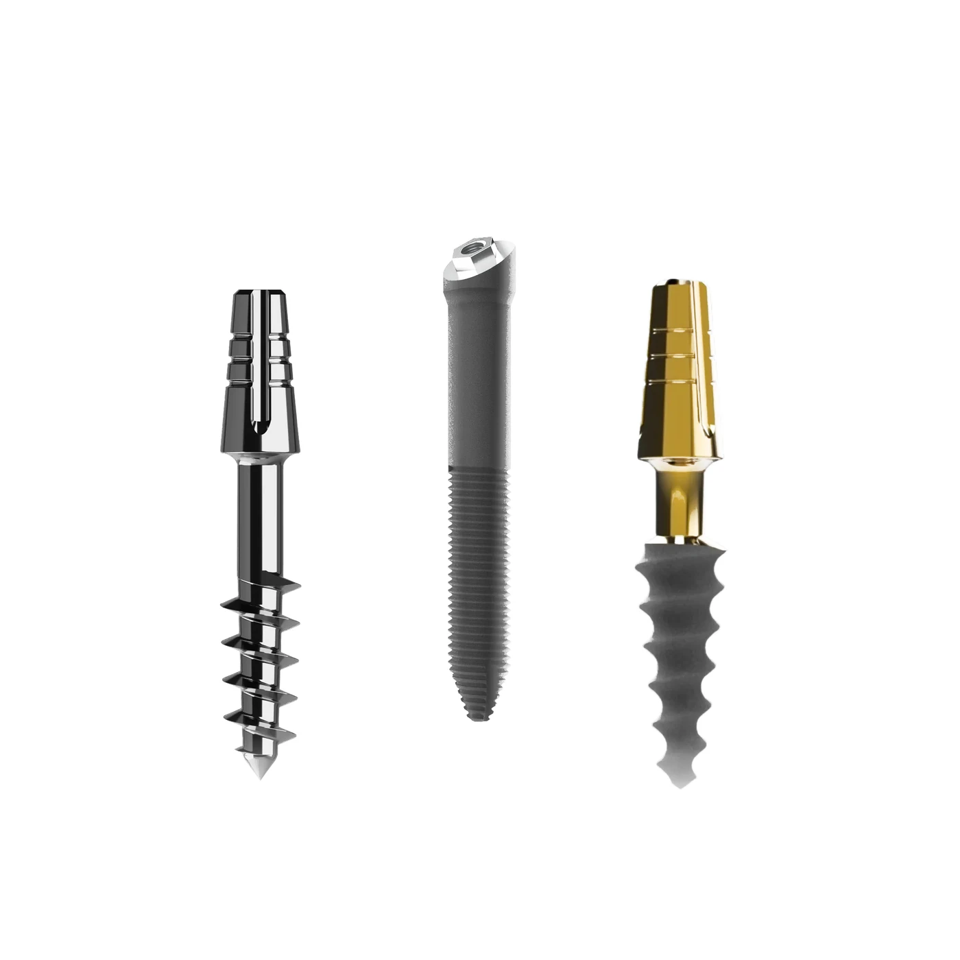 The ZE zygomatic, B bicortical and C compressive implants shown separately, each with its own prosthetic portion; the one-piece B and C implants showing the integral abutment